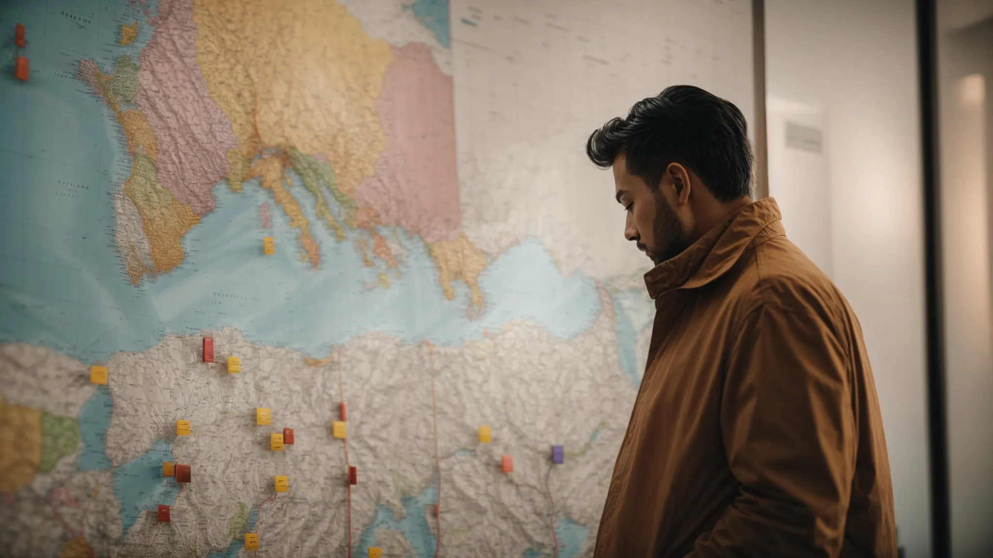 a business owner reviews a colorful map tacked with location pins on a wall, plotting strategy.