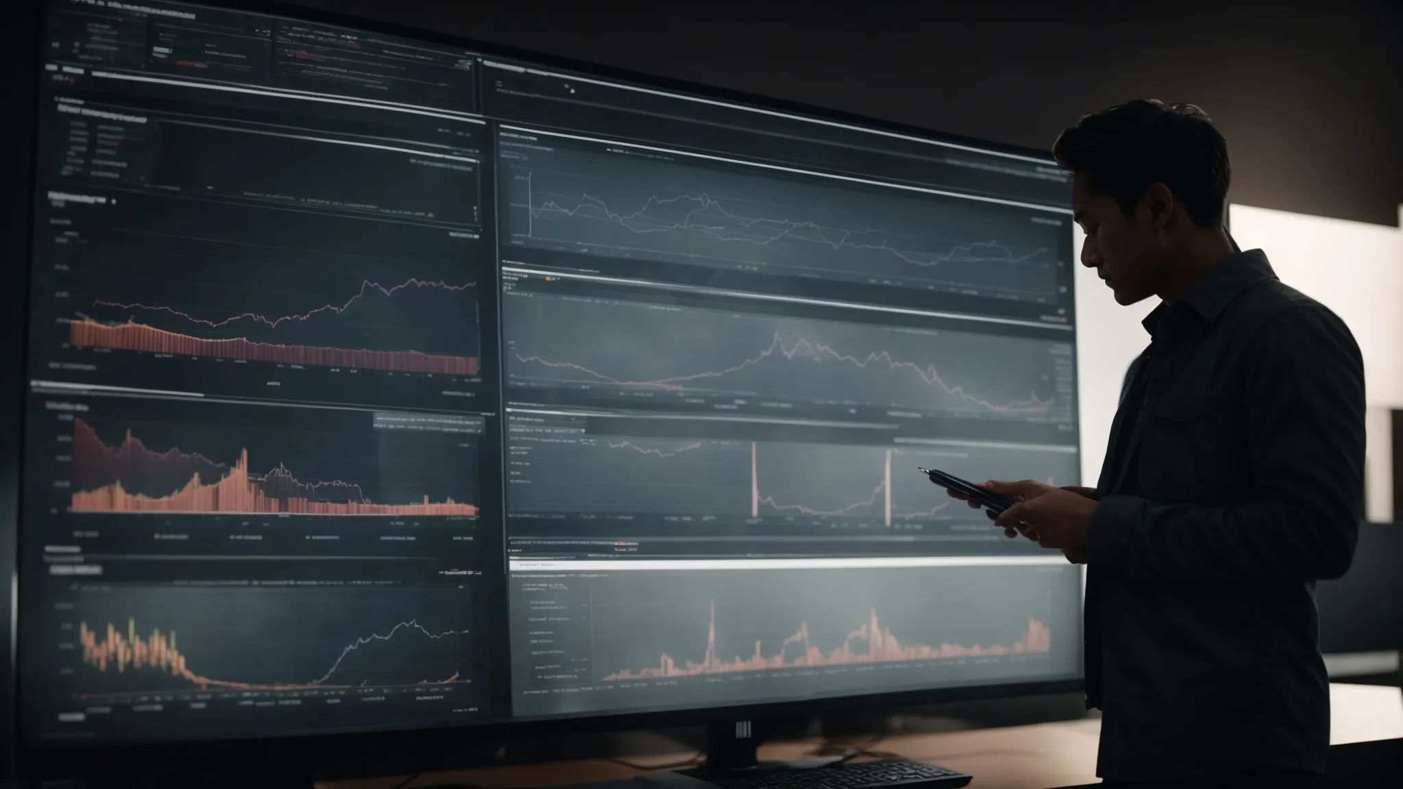 a person analyzing graphs and charts on a large monitor, reflecting trends in local search engine rankings.