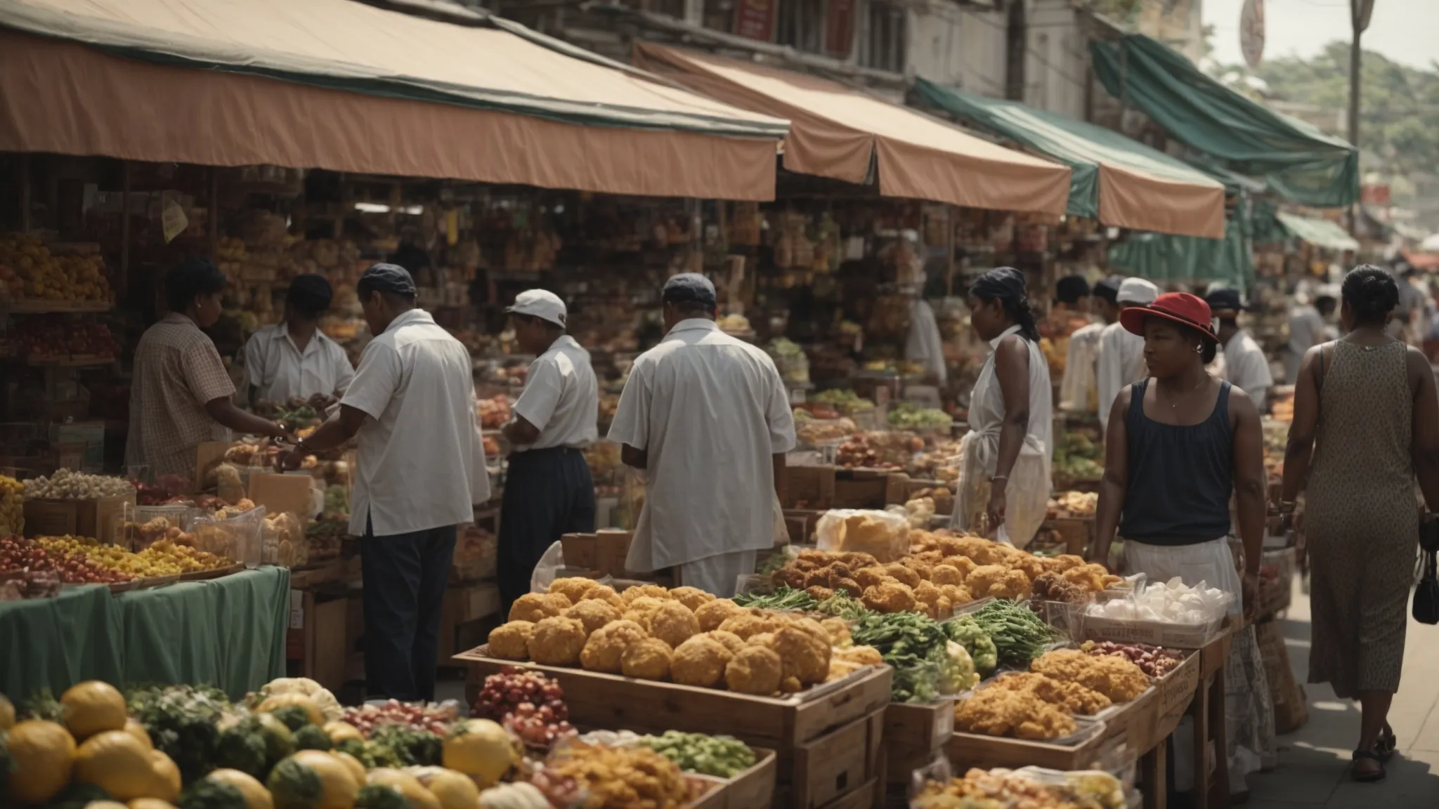 a bustling local marketplace where diverse businesses display their unique offerings to engaged community members.