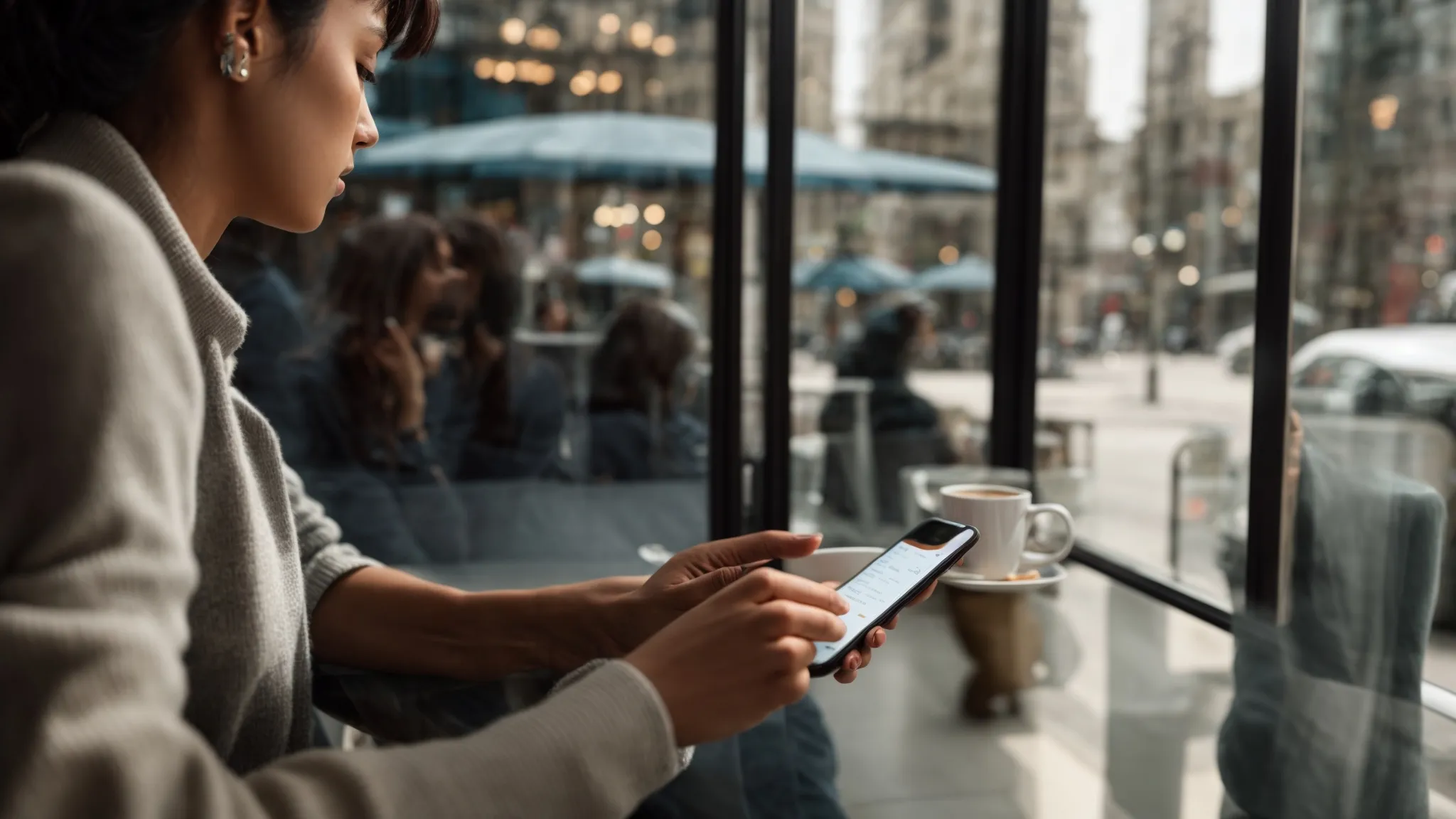 a person at a café browsing their smartphone, with a visible reflection of a google search page on the window next to them.