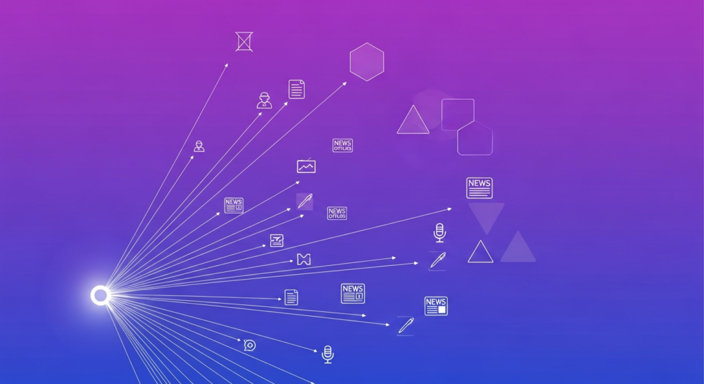 A white light source at the left sends lines to various news and media icons on a purple-to-blue gradient background.