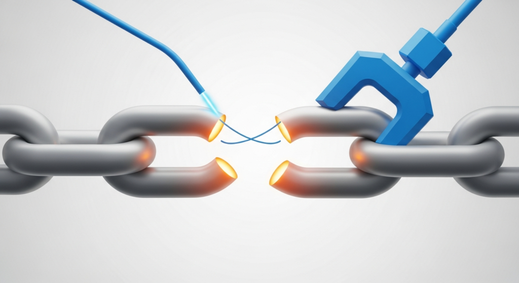 A blue robotic arm and wire are rejoining two glowing, broken metal chain links against a light gray background.