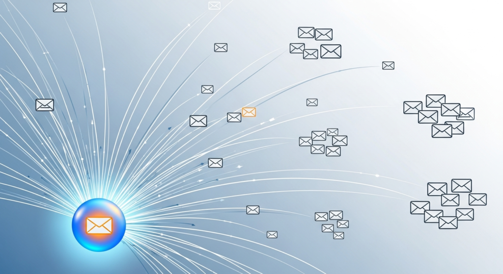 Blue sphere emitting lines connecting to multiple envelope icons, representing the spread or distribution of emails from a central source.