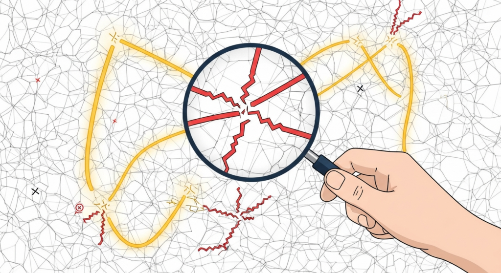 A hand holds a magnifying glass over a tangled network of lines, highlighting some lines in red and yellow with cracks and break points.