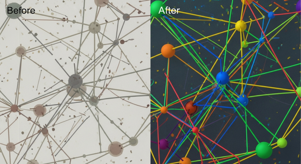 Side-by-side comparison of a dull, gray network diagram labeled "Before" and a vibrant, colorful network diagram labeled "After.