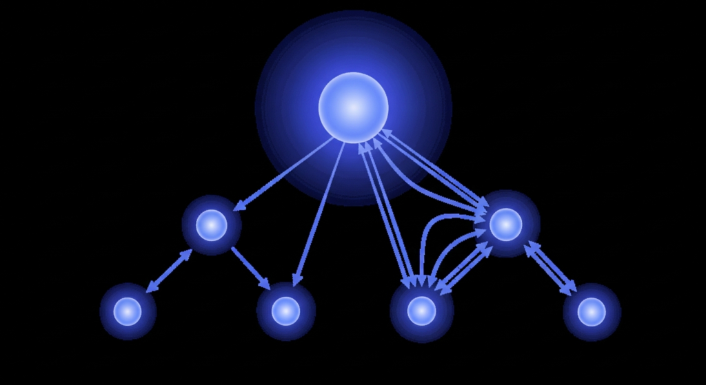 A hierarchical diagram with glowing blue nodes connected by arrows, depicting a central node branching out to multiple lower-level nodes in a network structure.