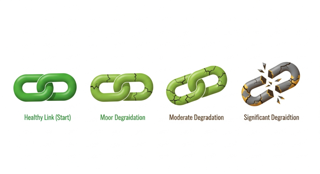 Four chain links show stages of degradation: healthy green, slightly cracked, moderately cracked, and significantly broken with dark damage. Labels indicate increasing degradation.