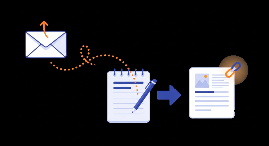 Illustration showing an envelope, a notepad with a pen, and a document with a link icon, connected by arrows indicating a workflow process.