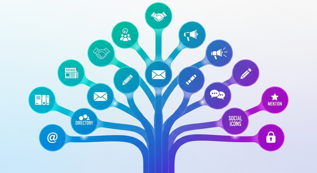 A digital tree diagram shows branches labeled with icons and terms related to communication, networking, and social media, such as email, directory, news, and social icons.