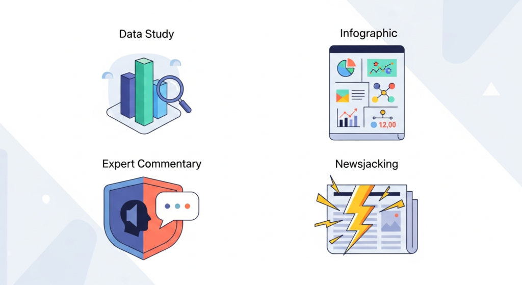 Four labeled illustrations: bar graph with magnifying glass (Data Study), infographic sheet (Infographic), shield with chat (Expert Commentary), and newspaper with lightning bolts (Newsjacking).