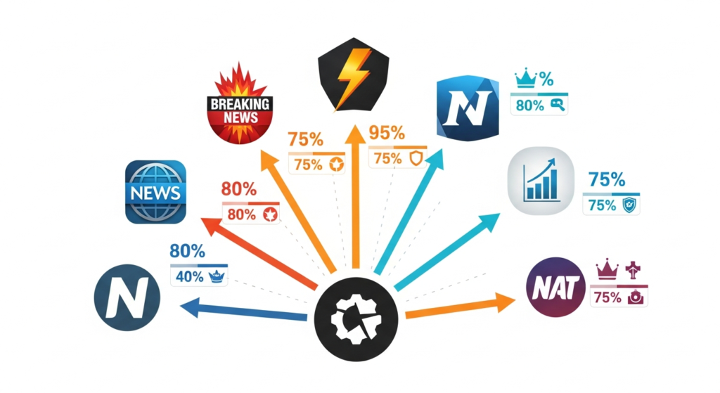 Infographic showing a central gear icon with arrows pointing to nine different icons, each labeled with percentages ranging from 40% to 95%.